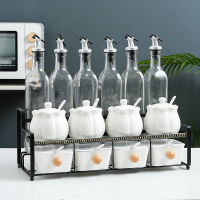 北欧轻奢陶瓷调味料盒防潮玻璃油瓶烘焙精灵家用调味罐辣椒油瓶胡椒研磨器 铁架十五头吉祥果白分三个件