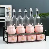 北欧轻奢陶瓷调味料盒防潮玻璃油瓶烘焙精灵家用调味罐辣椒油瓶胡椒研磨器 铁架十五头吉祥果粉分三个件