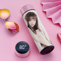 智能测温保温杯个性定制照片烘焙精灵水杯印logo男女学生创意潮流diy杯子 粉红色(测温盖)+杯刷+被套
