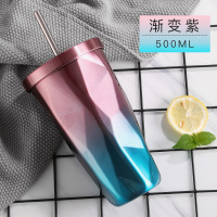 网红水杯ins风带吸管式的烘焙精灵杯子大人成年少女创意不锈钢奶茶杯带盖 渐变紫(收藏宝贝送杯刷吸管刷)