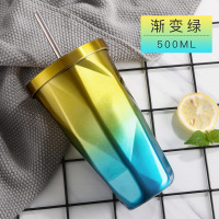 网红水杯ins风带吸管式的烘焙精灵杯子大人成年少女创意不锈钢奶茶杯带盖 渐变绿(收藏宝贝送杯刷吸管刷)