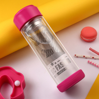 玻璃杯便携女士可爱加厚家用烘焙精灵创意花茶杯过滤随手杯耐热水杯子 玫红雪狼双层340ml+送杯刷