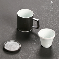 创意马克杯过滤陶瓷茶杯烘焙精灵办公室泡茶杯带盖杯子大容量水杯抖音定制 素黑三件套[茶水分离]