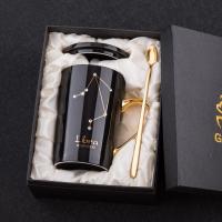 创意情侣陶瓷杯子马克杯烘焙精灵个性水杯带盖勺咖啡杯潮流女星座茶杯 天秤座(黑杯白钻)