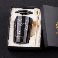 创意情侣陶瓷杯子马克杯烘焙精灵个性水杯带盖勺咖啡杯潮流女星座茶杯 射手座(黑杯白钻)