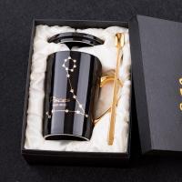 创意情侣陶瓷杯子马克杯烘焙精灵个性水杯带盖勺咖啡杯潮流女星座茶杯 双鱼座(黑杯白钻)
