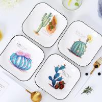 4个装陶瓷方盘菜盘北欧ins家用烘焙精灵创意餐具早餐盘日式意面深盘凉菜碟 方形盘(仙人掌)4个装