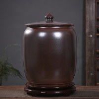 陶瓷米缸水缸茶叶罐50斤烘焙精灵100斤家用面粉储物罐带盖密封防潮 50斤棕色(送底座)