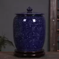 陶瓷米缸水缸茶叶罐50斤烘焙精灵100斤家用面粉储物罐带盖密封防潮 20斤宝石蓝(送底座)