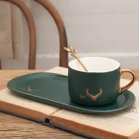 咖啡杯欧式小套装ins烘焙精灵风单个陶瓷带勺碟家用简约英式茶具 麋鹿墨绿色1杯1碟1勺预售(泡沫装)