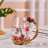 珐琅彩水晶花茶杯随手烘焙精灵水杯玻璃杯子家用欧式咖啡杯带把盖勺礼盒装 [水晶款]红玫瑰高杯(简装送勺子擦杯布)