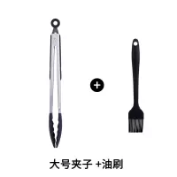 硅胶食品夹不锈钢厨房食物夹烘焙精灵防烫烤肉烧烤夹子煎牛排专用夹 黑色大号+油刷