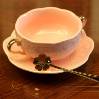 公主粉色金边双耳碗烘焙精灵欧式浮陶瓷 奶汤碗 汤盅甜品碗 粉色金边双耳碗+6寸圆盘+金勺