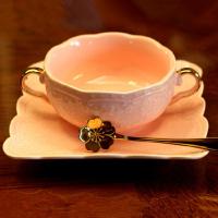 公主粉色金边双耳碗烘焙精灵欧式浮陶瓷 奶汤碗 汤盅甜品碗 粉色金边双耳碗+6寸方盘+金勺
