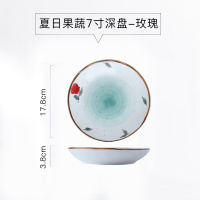 网红盘子创意家用可爱陶瓷菜盘碟子烘焙精灵西餐牛排餐盘早餐北欧ins餐具 SR423手彩果蔬-7寸深盘(玫瑰绿)