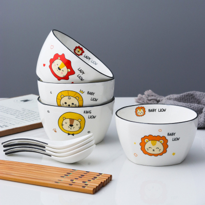 陶瓷碗创意家用一家四人吃饭碗烘焙精灵卡通碗筷勺米饭碗北欧网红餐具套装 4碗4筷4勺——小狮子(方碗)