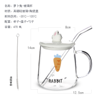 网红ins玻璃花茶水杯子烘焙精灵带盖勺带把家用少女办公室透明可爱马克杯 玻璃杯—萝卜—A—吸管