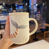 少女心浮花朵陶瓷水杯带盖勺烘焙精灵喝水牛奶大容量杯子马克杯可爱口杯 美人鱼-米黄浅370ML+送勺