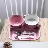 儿童餐盘陶瓷套装餐具创意家用烘焙精灵小孩幼儿园学生食堂分格饭盘碗分隔 (儿童盘+花碗+双耳碗)粉+兔叉勺收藏送同色味碟