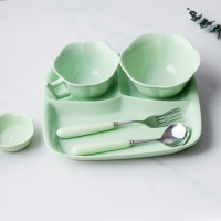 儿童餐盘陶瓷套装餐具创意家用烘焙精灵小孩幼儿园学生食堂分格饭盘碗分隔 日韩儿童款套装餐具5件套(绿)收藏送同色味碟