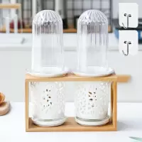 创意陶瓷防尘筷子筒带盖子烘焙精灵筷子笼透气挂壁式快篓大号沥水筷筒 水立方双筒大号竹木