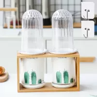 创意陶瓷防尘筷子筒带盖子烘焙精灵筷子笼透气挂壁式快篓大号沥水筷筒 绿仙人掌双筒大号竹木