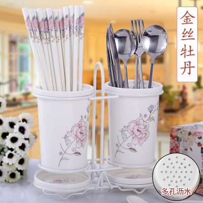 陶瓷筷子筒筷子盒 烘焙精灵沥水筷子笼筷子架 厨房筷筒子创意筷子盒家用 金丝牡丹-双筒