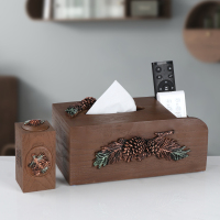 按压牙签盒家用创意烘焙精灵个性美式轻奢客厅牙签筒酒店餐厅专用牙签罐 按压松果牙签盒+纸巾盒收纳木纹色