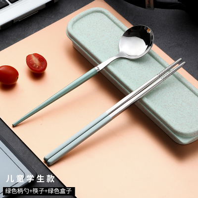 便携式筷子勺子套装成人烘焙精灵餐具三件套单人学生不锈钢叉子 学生款(幻影绿)两件套