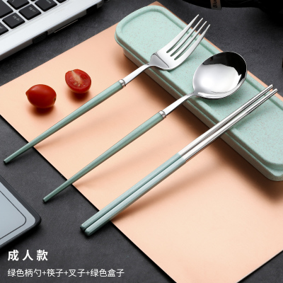 便携式筷子勺子套装成人烘焙精灵餐具三件套单人学生不锈钢叉子 成人款(幻影绿)三件套