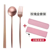 便携筷子勺子套装餐具烘焙精灵三件套不锈钢叉子学生成人可爱筷盒 玫瑰金-筷勺叉三件套