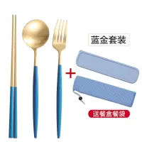 便携筷子勺子套装餐具烘焙精灵三件套不锈钢叉子学生成人可爱筷盒 蓝金-筷勺叉三件套