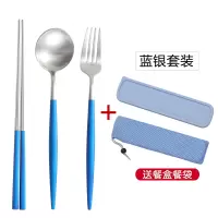 便携筷子勺子套装餐具烘焙精灵三件套不锈钢叉子学生成人可爱筷盒 蓝银-筷勺叉三件套