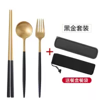 便携筷子勺子套装餐具烘焙精灵三件套不锈钢叉子学生成人可爱筷盒 黑金-筷勺叉三件套