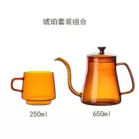 琥珀手冲咖啡壶高硼硅耐热玻璃家用烘焙精灵挂耳咖啡分享壶茶壶长嘴细口壶 琥珀套装(650ml壶+250ml杯)
