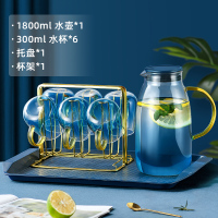 北欧凉水壶大容量开水杯烘焙精灵客厅茶壶套装创意玻璃冷 北海道冷水壶1.8L+300ml白金青杯*6+大雪森托盘+登