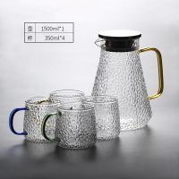 耐热玻璃冷水壶凉水壶烘焙精灵家用大容量水壶锤纹圆柱壶果汁壶180 锤纹金锥壶1500ml+4*锤纹小雅杯350ml