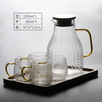 耐热玻璃冷水壶凉水壶烘焙精灵家用大容量水壶锤纹圆柱壶 麦穗冷水壶2200ml+4*金麦穗杯350ml+黑胡桃木托盘