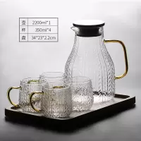 耐热玻璃冷水壶凉水壶烘焙精灵家用大容量水壶锤纹圆柱壶 麦穗冷水壶2200ml+4*金麦穗杯350ml+黑胡桃木托盘