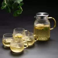 北欧玻璃冷水壶 烘焙精灵锤纹夏季家用凉白开水杯ins风凉水壶冰箱用 1150ML米粒壶+4黄把锤纹杯