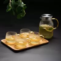 北欧玻璃冷水壶 烘焙精灵锤纹夏季家用凉白开水杯ins风凉水壶冰箱用 1150ML米粒壶+4黄把锤纹杯+B托盘