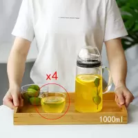 全密封防尘玻璃冷水壶烘焙精灵大容量凉白开水杯耐热高温防爆家用放冰 1.0L乐檬壶+4只杯盖+大茶盘刚装开水勿盖紧盖