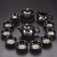 黑天目建盏茶具套装烘焙精灵 家用整套金木叶盏茶壶茶杯茶具建盏 木叶盏(双)13头-秦权
