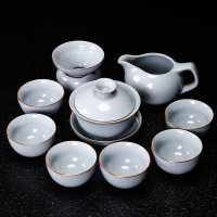 陶瓷汝窑功夫茶具套装简约烘焙精灵冰裂纹开片汝瓷茶壶茶杯家用会客茶盘 款2:柏彩汝窑10头盖碗