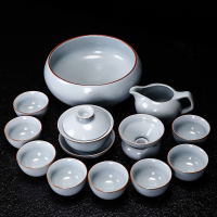 陶瓷汝窑功夫茶具套装简约烘焙精灵冰裂纹开片汝瓷茶壶茶杯家用会客茶盘 款6:柏彩汝窑12头盖碗+茶洗