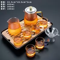 玻璃功夫茶具套装家用客厅烘焙精灵茶盘锤纹泡茶器茶壶办公室会客茶 雅致(六色/把杯)锤纹套装—长方(条纹)黑 10件
