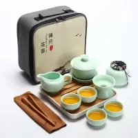 哥窑旅行功夫茶具小套装烘焙精灵一壶四杯便携包户外家用简约办公日式茶壶 定窑绿(盖碗)旅行茶具组-布包