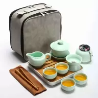 哥窑旅行功夫茶具小套装烘焙精灵一壶四杯便携包户外家用简约办公日式茶壶 定窑绿(盖碗)旅行茶具组-皮包