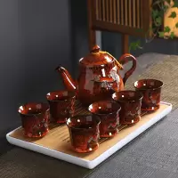 茶壶套装家用陶瓷茶杯茶具烘焙精灵客厅现代简约6只装大号杯子欧式送 窑变复古红梅花茶具+长方茶盘(收藏加购送滤网壶绳茶巾)