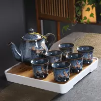 茶壶套装家用陶瓷茶杯茶具烘焙精灵客厅现代简约6只装大号杯子欧式送 窑变拉丝蓝梅花茶具+四方茶盘(收藏加购送滤网壶绳茶巾)